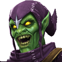 a green goblin with yellow eyes is wearing a purple hat and scarf