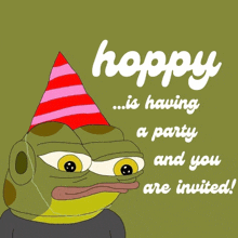 happy is having a party and you are invited with a frog wearing a party hat