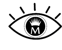 a black and white drawing of an eye with a crown in the center