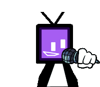 a cartoon character is holding a microphone in front of a purple screen .