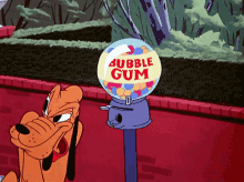 a cartoon character is standing next to a gumball machine that says bubble gum