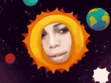 a woman 's face is surrounded by a sun and planets in space