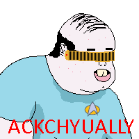 a pixel art drawing of a bald man with the words ackchyually written in red