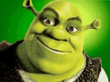 shrek from the movie shrek is smiling and looking at the camera on a green background .