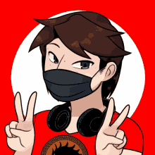 a drawing of a person wearing headphones and a mask giving a peace sign