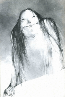 a black and white drawing of a woman with very long hair