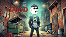 a man with a dollar sign on his shirt is standing in a alleyway with the word dood above him