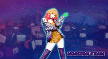 a poster for horizon team shows a woman in a sequined dress