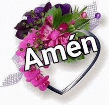 a heart shaped bouquet of flowers with the words amen written on it .