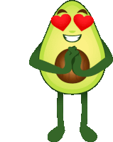 a cartoon avocado with heart shaped eyes holding a nut