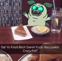 a cartoon dog with glowing eyes is sitting at a table with a plate of food