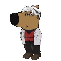 a cartoon drawing of a bear wearing glasses and a white coat