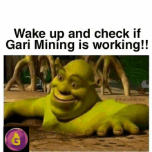 shrek is laying in the dirt with the words wake up and check if gari mining is working ..