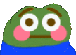 a green frog with big eyes and pink cheeks is wearing a blue scarf and making a funny face .