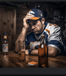 a man wearing a broncos jersey is sitting at a table