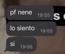 a close up of a text message that says pf nene lo siento and si 19:55