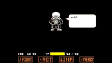 a video game screen shows a skeleton with a speech bubble that says " ready "