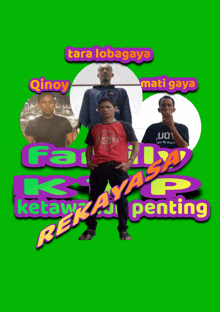 a group of men standing next to each other on a green background with the words rekaya p penting