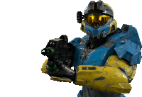 a man in a blue and yellow armor holds a gun