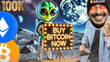 a man is holding a sign that says buy bitcoin now