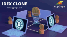 a poster for idex clone shows two laptops surrounded by bitcoins