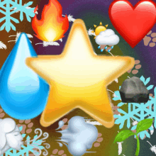 a star is surrounded by various icons including a drop of water a fire and a heart