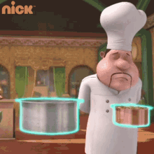 a cartoon chef is holding two pots with a nick logo in the background