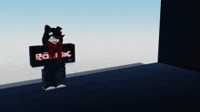 a roblox character with a scarf around his neck is standing in a dark room