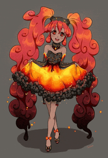 a drawing of a girl with red hair and a dress made of coal