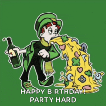 a cartoon leprechaun is throwing up lucky charms and holding a bottle of beer .