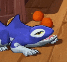 a blue lizard is laying on a wooden floor next to some oranges .