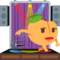 a cartoon peach with a green leaf on its head is dancing on a stage