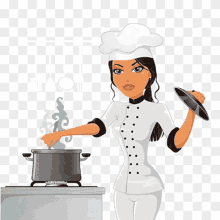 a woman in a chef 's hat is stirring a pot