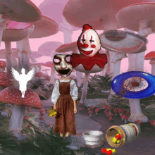 a girl with a clown mask on her head is standing in a mushroom forest