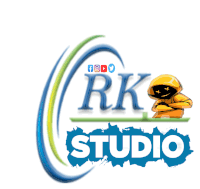 a logo for rk studio with a robot on top of it