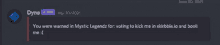 a screenshot of a discord message that says ' you were warned in mystic legendz '