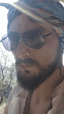 a man with a beard wears sunglasses and a bandana on his head