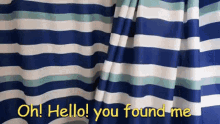 a blue white and green striped curtain with the words oh hello you found me