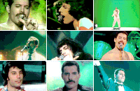 a collage of pictures of freddie mercury singing into microphones