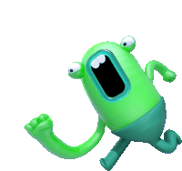 a green cartoon character with big eyes and a huge mouth