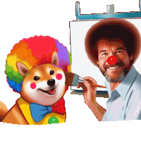 bob ross is painting a picture of a dog wearing a clown wig