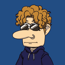 a cartoon drawing of a man with curly hair wearing sunglasses and a nose ring