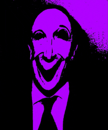 a purple and black drawing of a man with a smile on his face