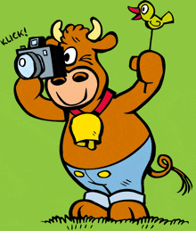 a cartoon cow is taking a picture with a camera and the word klick is on the bottom