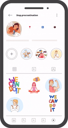 a phone screen shows a heart with arms and legs and the words stop procrastination at the top