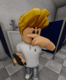 a roblox character is holding a gun in a bathroom and covering his nose .