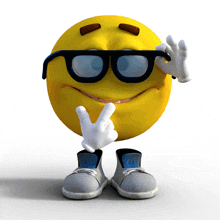 a cartoon smiley face wearing glasses and giving the peace sign