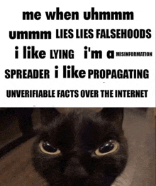 a black cat with a caption that says me when uhmm ummm lies lies falsehoods i like lying