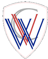 a red white and blue logo with the letter w in the center