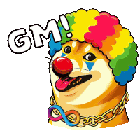 a dog wearing a clown wig and a chain around its neck says " gm "